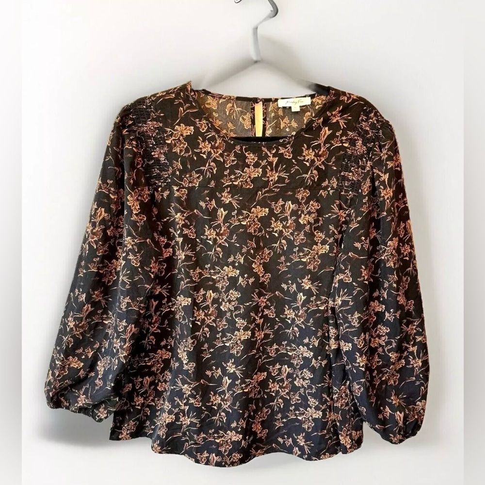 Monday Fun Blouse Top Shirt Large Long Sleeve Floral Black Brown Flowers NWOT